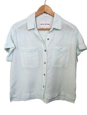 Lola River Short Sleeve Linen Blnd Button Up Sz Small Collared Shirt Pastel Blue